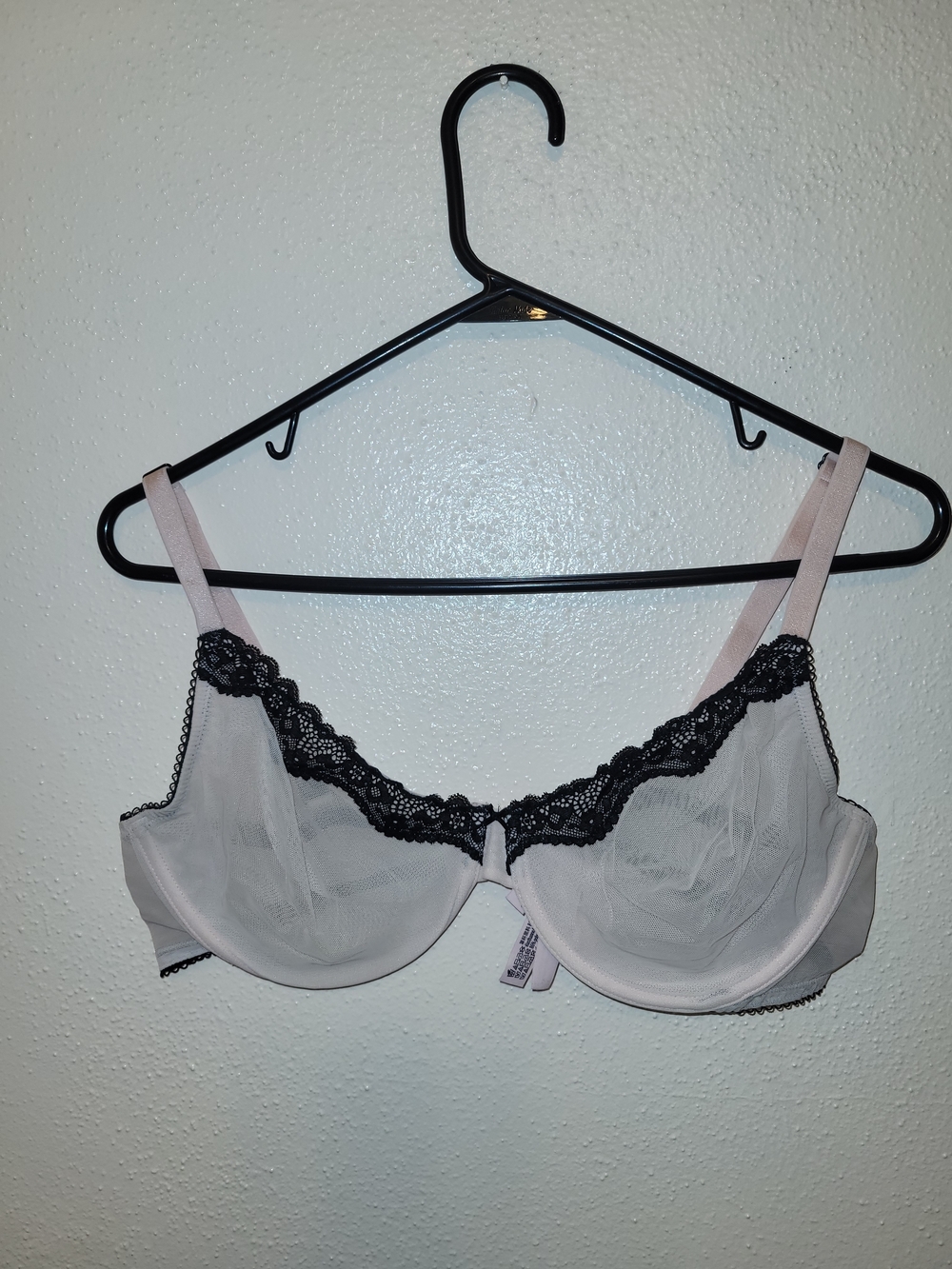 Victoria Secret Tease Sheer Mesh Unlined Demi Bra Pink Black Lace 38D